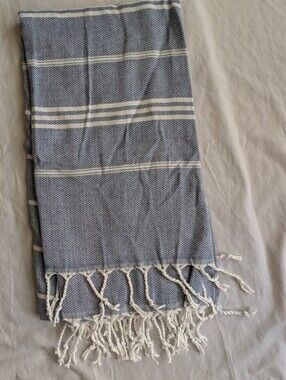 Cotton Turkish Towel Peshtemal Hammam Bath Beach Blue White Striped Fringe NWOT
